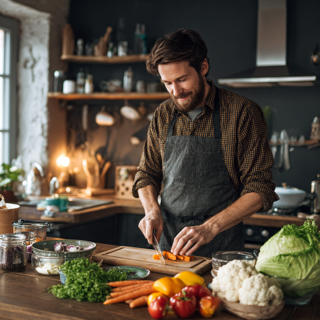 Чоловік готує корисну страву зі свіжими продуктами